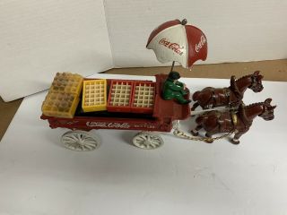 Vintage Coca - Cola Cast Iron Horse - Drawn Wagon Driver Umbrella Coke Bottles (12)