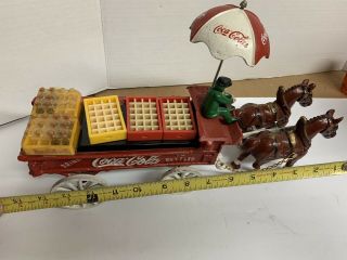 Vintage Coca - Cola Cast Iron Horse - drawn Wagon Driver Umbrella Coke Bottles (12) 3