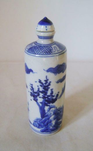 Chinese Blue & White Porcelain Snuff Bottle : Tall Cylindrical Shape: Landscape