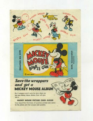 Vtg Wax Chewing Gum Wrapper Mickey Mouse Bubble Gum Walt Disney Inc Philadelphia