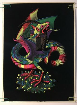 Vintage Blacklight Poster Dragon 1971 Velvet Psychedelic Headshop 70s