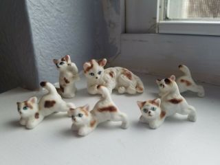 Vintage Cat - Kitten Figurines Miniature Ceramic - Porcelain Hand Painted Blue Eyes