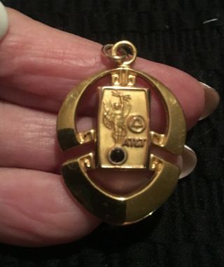 Vintage At&t 10k Gold Service Pin W/ruby Pendant Art Deco Symbols