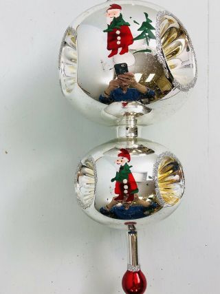 Vtg Christopher Radko Early Silver 2 Tier Indent With Painted Santas