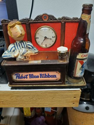 Vintage Pabst Blue Ribbon Beer Lighted Back Bar Sign Display Clock Bartendar