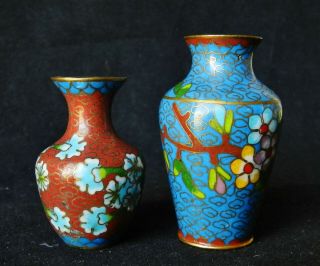 C1920 Antique Pair 2 Chinese Miniature Cloisonne Vases