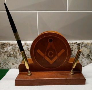 Vintage Masonic Square And Compass Inlaid Walnut Desk Organizer Pen Holder