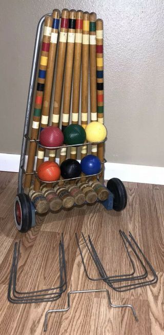 Vintage 6 Player Wooden Croquet Set With Wheel Cart Entire Lawn Yard Game