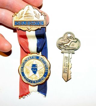 1968 Democratic National Convention Badge & Key Flying Donkey Delegate