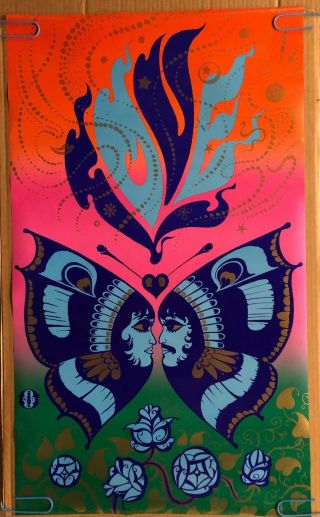 Vintage Blacklight Poster Butterfly Couple Psychedelic 1969 Pin Up