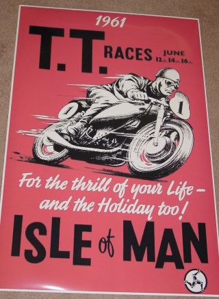 Vintage 1961 Isle Of Man Tt Races Motorcycle Racing Poster Print 24x16 9 Mil
