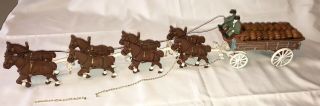 Vintage Cast Iron 8 Horse Drawn Beer Barrel Cart Wagon 2 Drivers Dog Clydesdales