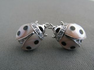 Vintage Sterling Rhinestone Inlay Onyx Abalone Ladybug Stud Pierced Earrings