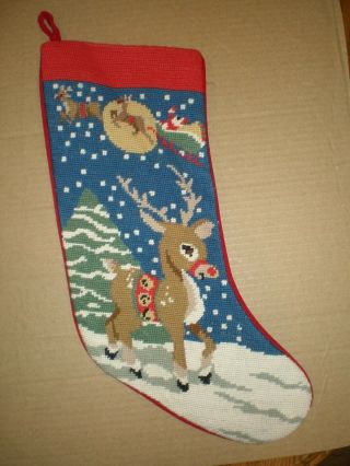 Vintage Wool Needlepoint Christmas Stocking Rudolph,  Santa And Sleigh - Velvet
