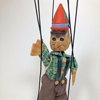 Vintage Wood Pinocchio Marionette 17 " Tall Hand Carved Wood Puppet On Strings