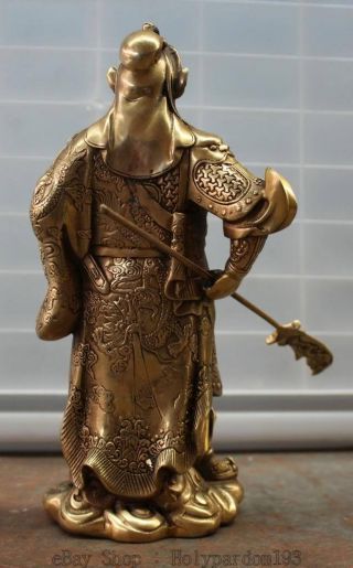 Chinese Fengshui Stand Guan Gong Yu Warrior God Dragon Sword Brass Statue NR 3