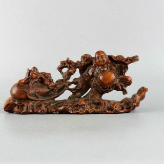 Collect Old Boxwood Hand - Carved Happy Buddha Pull A Wealth Bag Auspicious Statue