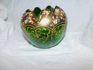 Vintage Green Glass Rose Bowl Vase With Gold Accents