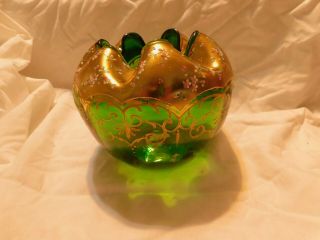 Vintage Green Glass Rose Bowl Vase with Gold accents 2
