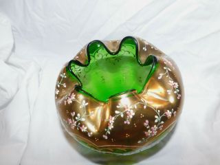 Vintage Green Glass Rose Bowl Vase with Gold accents 3
