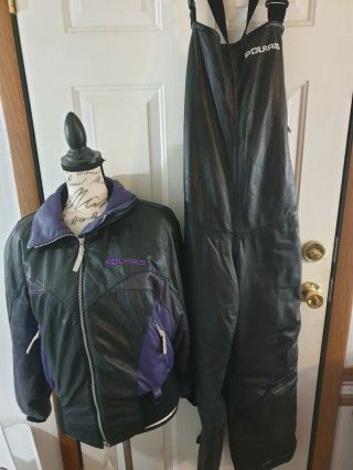 Vintage Polaris Womens Leather Snowmobile Jacket Suit Bibs Size Medium