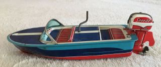 Vintage Tin Litho Speedo Wind - Up Toy Boat.  Trademark Haji.  Japan.