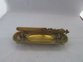 Antique Solid Brass Desk Set With Brass Letter Opener Very Pretty Details Footed