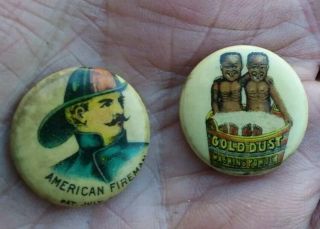 1896 Pinback Buttons Gold Dust Twins Washing Powder,  American Fireman Pepsin Gum