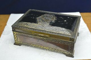 Old Cigarette Sailing Ship Box Japan Case Metal Trinket Antimony Galleon Vintage