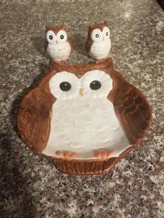 Better Homes And Garden Heritage Earthenware Owl Plate And Salt Pepper Shakers