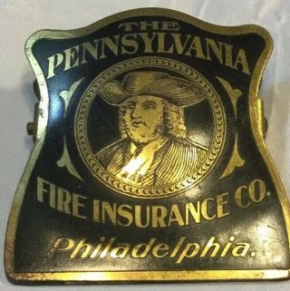 Brass Victorian Clip Advertising The Pennsylvania Fire Ins.  Co.  Philadelphia Nr