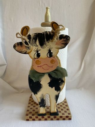 Paper Towel Holder Handpainted Cow Country Farmhouse Wooden Milk Bottle 15 " Tall