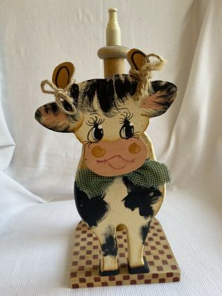 Paper Towel Holder Handpainted Cow Country Farmhouse Wooden Milk Bottle 15 