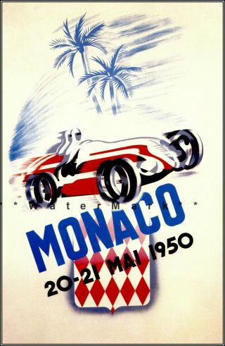 Monaco Grand Prix 1950 Car Racing Vintage Poster Print Retro Style Decoration