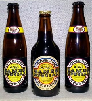 3 X Collectable Castlemaine Perkins Beer Bottles - Xii Games & Mighty Bulls 1982