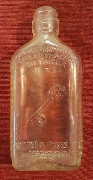 Vtg 1/2 Pt Rum Bottle / Ron Llave / Licoreria Roses / Arecibo Puerto Rico / 1951