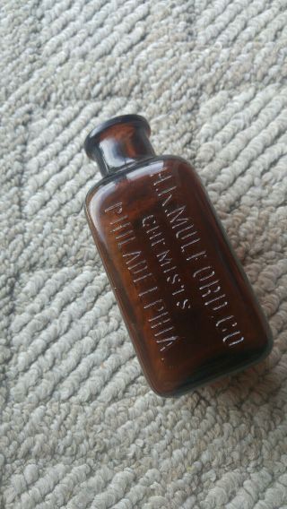 Amber Embossed Glass Medicine Bottle H.  K.  Mulford Co Chemists Philadelphia 1890s