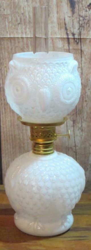 Vintage Cased Glass Snowy White Owl Kerosene Oil Lamp 10 " Tall