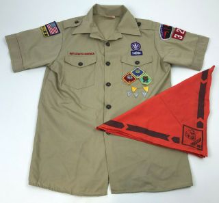 Bsa Boy Scouts America Uniform Tan Shirt Patch Usa,  2 Neckerchief Youth Lg 14 - 16