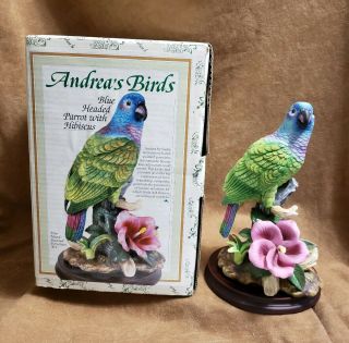 2003 Andreas By Sadek Blue Headed Parrot With Hibiscus Porcelain Figurine 9773