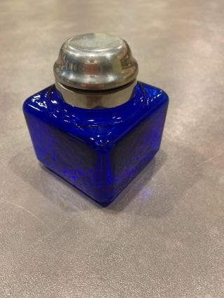 Vtg Cobalt Blue Glass Inkwell Pewter Screw Lid Square Bottle Thick Glass Travel