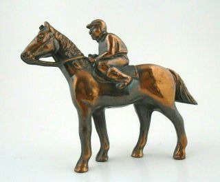 Vintage Bronze Copper Color Metal Race Horse & Jockey Figurine Horse Racing 4.  5 "