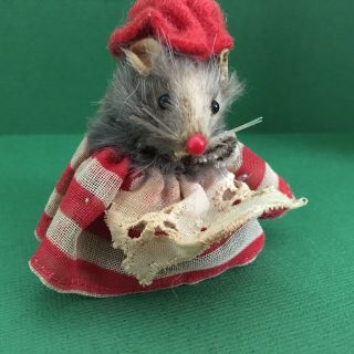 Vintage Fur Toys Made In West Germany Mouse With Tag Red Stripe W/ Hat