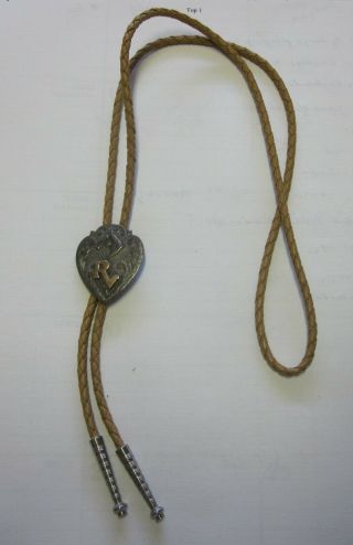 Vintage Sterling Silver And 14 K Gold Letters " Rv " Acorn Bolo Tie.  Leather Tie.