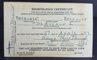 1941 World War Ii Selective Service Registration Certificate Historical Document