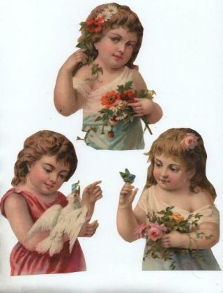 3 Large Victorian Die Cut Chromo Scraps Of Young Girls With Flowers