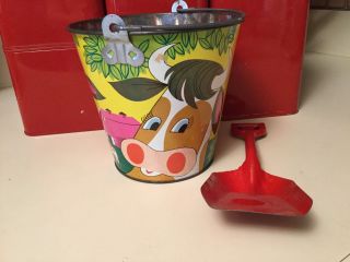 Vintage Chein Tin Litho Childs Sand Bucket Pail & Shovel - Cute Cow & Barn
