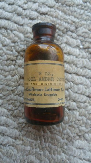 Kauffman - Lattimer Co.  Apothecary Bottle Oil Amber Crude 2oz 1/4 Full 3 1/10 " Tall