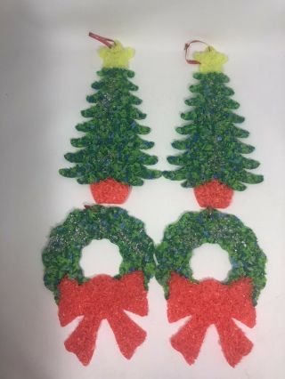 4 Vintage Christmas Melted Plastic Popcorn Decor 2 Wreaths/ 2 Trees Small Size