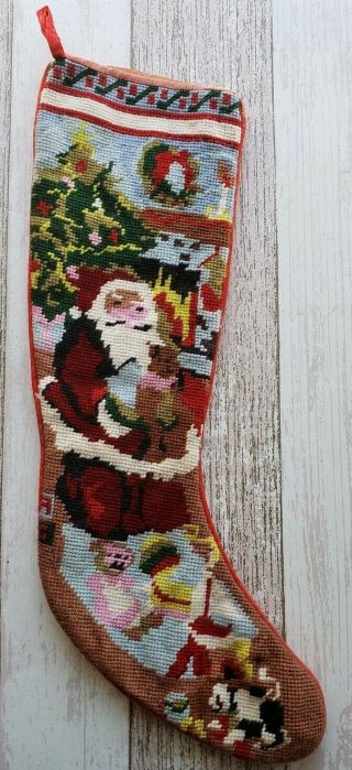 Vintage Handmade Needlepoint Stocking Santa Teddy Bear Christmas 17 " Ships